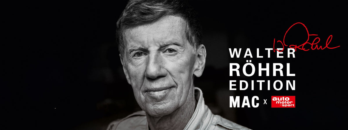 Black-and-white portrait of rally legend Walter Röhrl with the Walter Röhrl Edition logo, signature, and MAC x auto motor und sport branding.