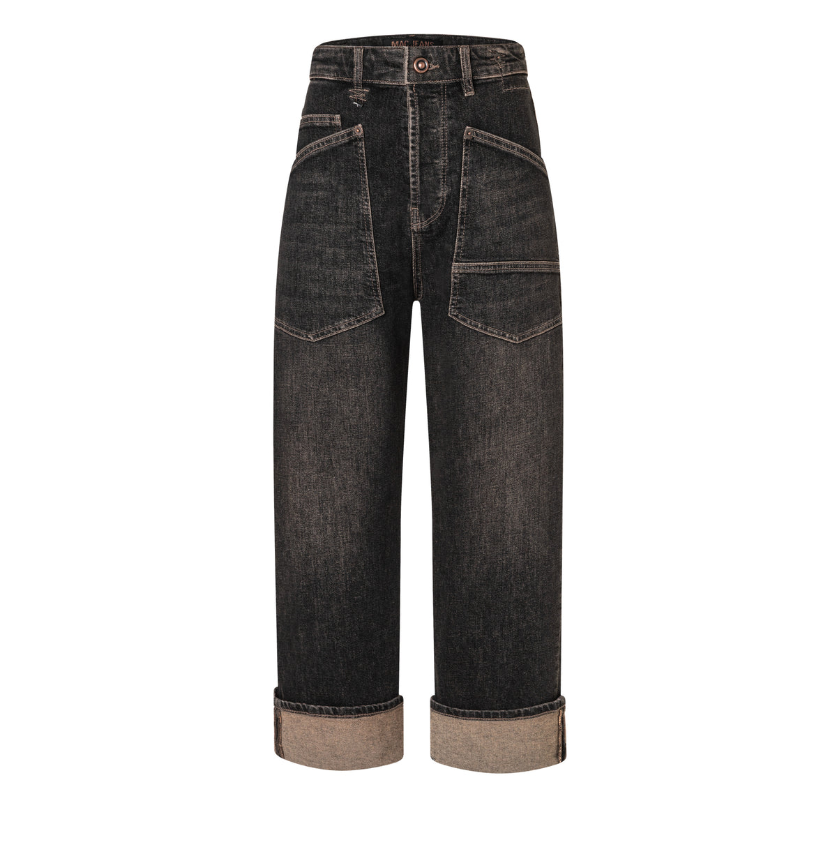Casual, baggy jeans with a vintage look. | BAGGY straight | brown tinted black wash | Front view of bust