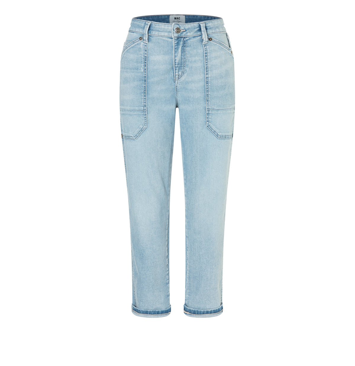 Low rise jeans made of comfort vintage denim. | IOWA Baggy | high-low bleached | Front view of bust