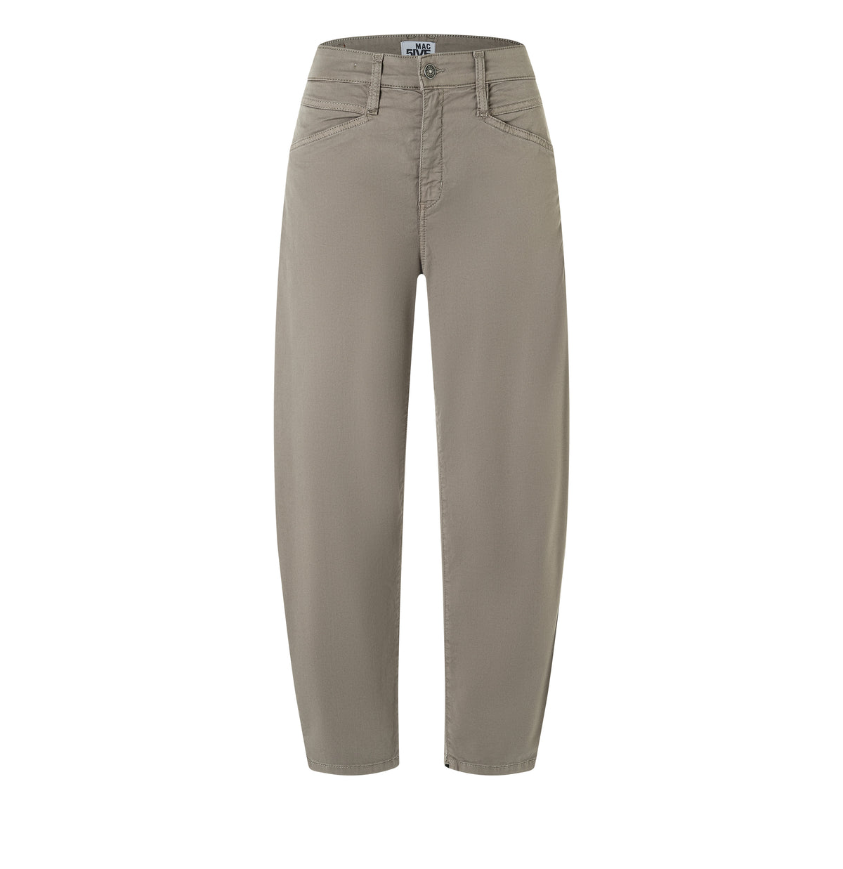 Barrel trousers with modern zip detail. | BORA 2.3 zip | mat green antique | Front view of bust