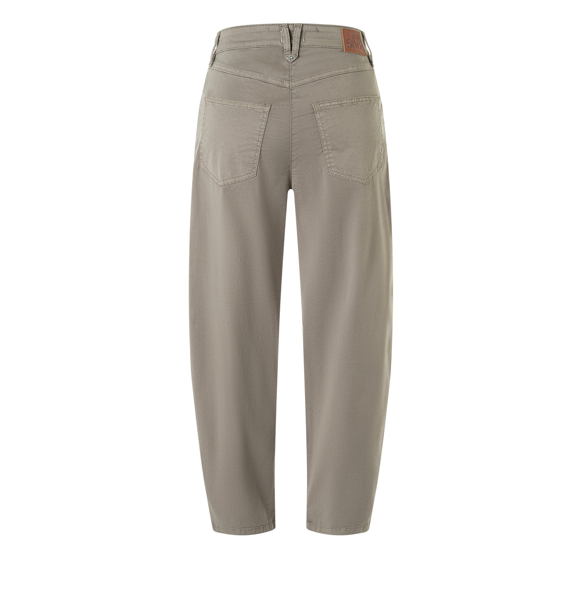 Barrel trousers with modern zip detail. | BORA 2.3 zip | mat green antique | Back view of bust