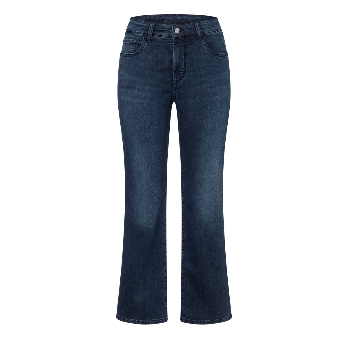 Figure-shaping jeans with flare kick design. | DREAM KICK | blue overdyed black | Front view of bust