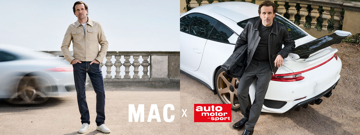 Man wearing casual outfits posing beside a white sports car, MAC x auto motor und sport campaign.