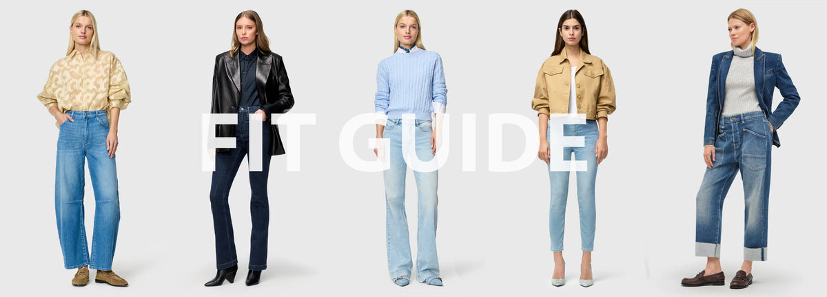Fit guide overview showing different women’s denim fits, including wide leg, straight leg, flared, slim and tapered jeans styled on models.