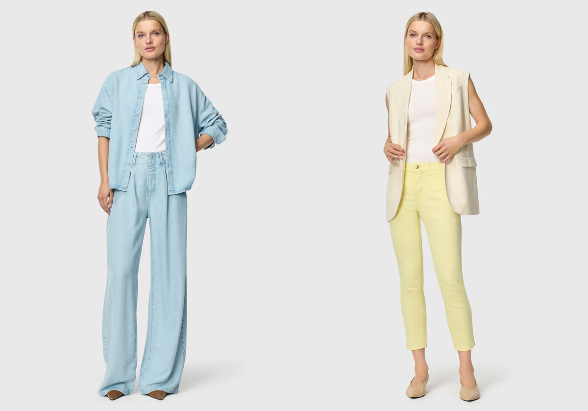 Two women model outfits: one in a light blue denim set, the other in a beige vest with yellow pants on a neutral background.
