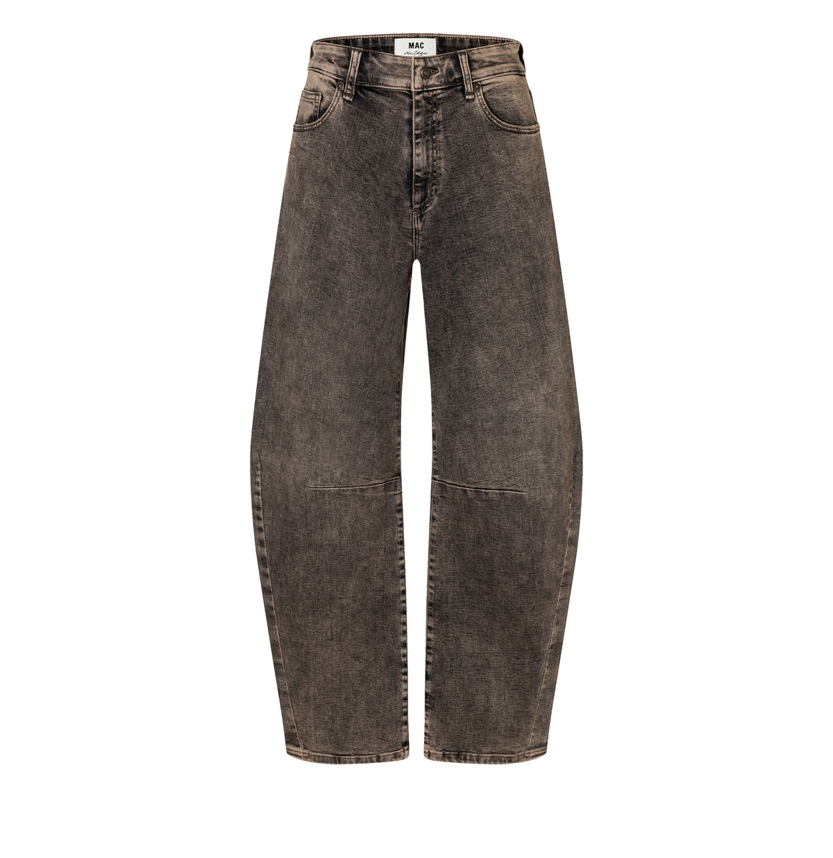 Modern barrel jeans with higher waist. | DAKOTA Barrel | brown crincle wash | Front view of bust
