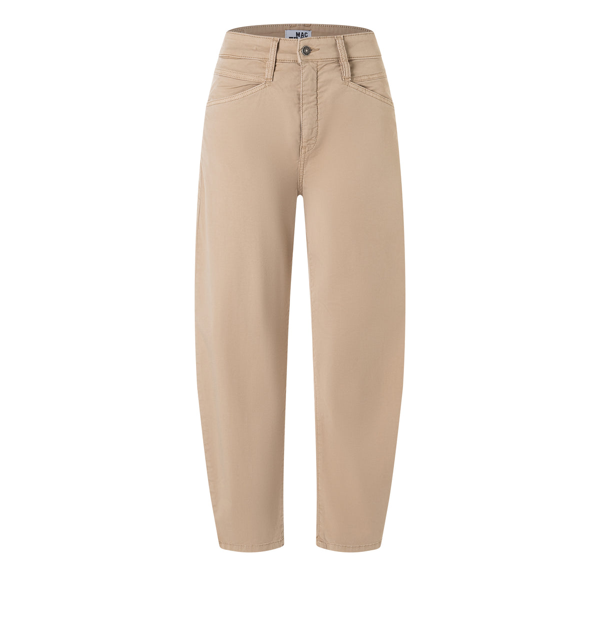Barrel trousers with modern zip detail. | BORA 2.3 zip | golden terra antique | Front view of bust
