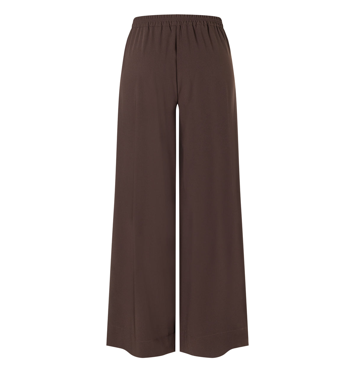 Wide, flowing trousers made of floating crepe. | CORALIE | truffle brown | Back view of bust