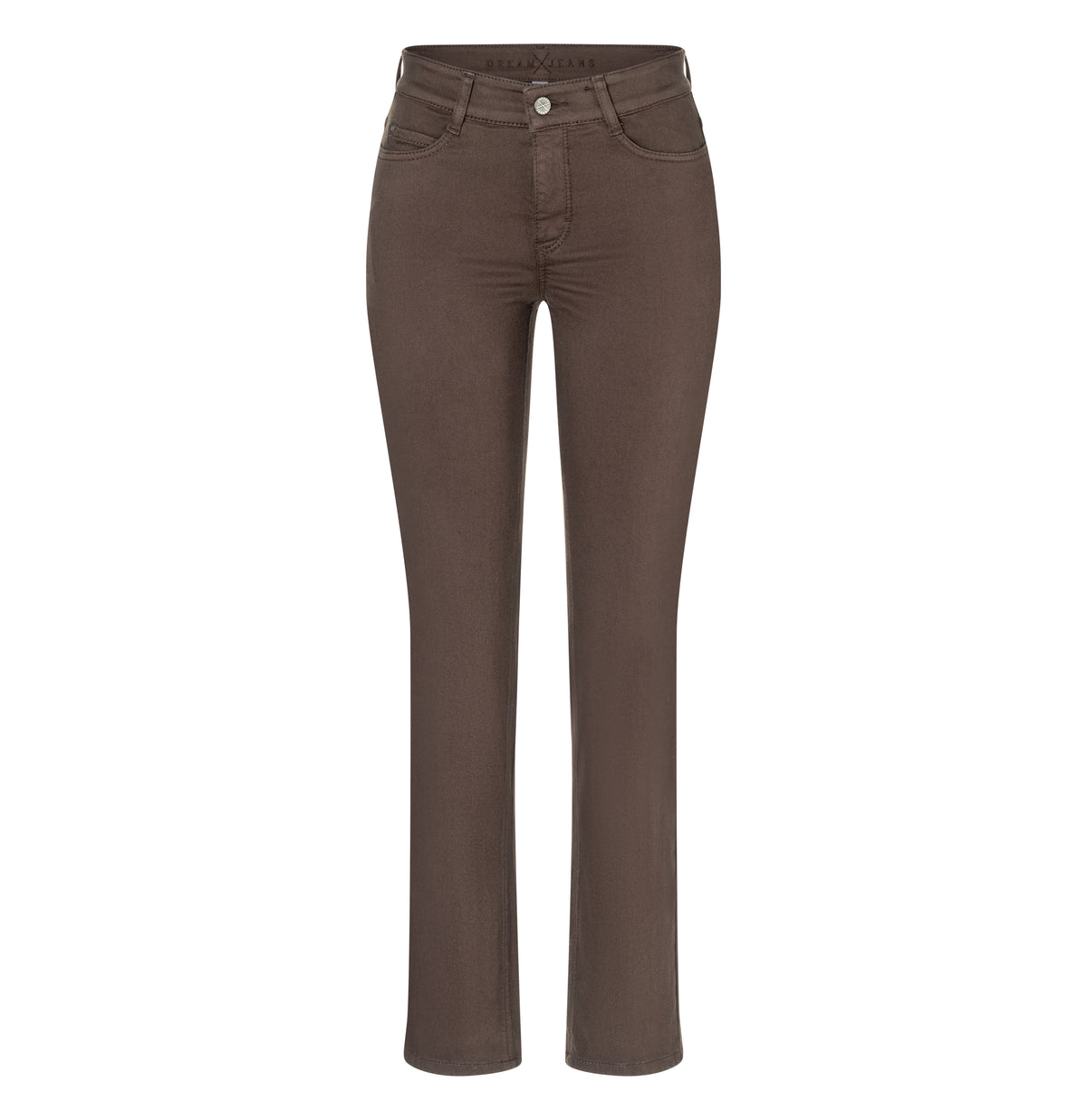 Straight fit made from hyper stretch denim. | DREAM | deep brown PPT | Front view of bust