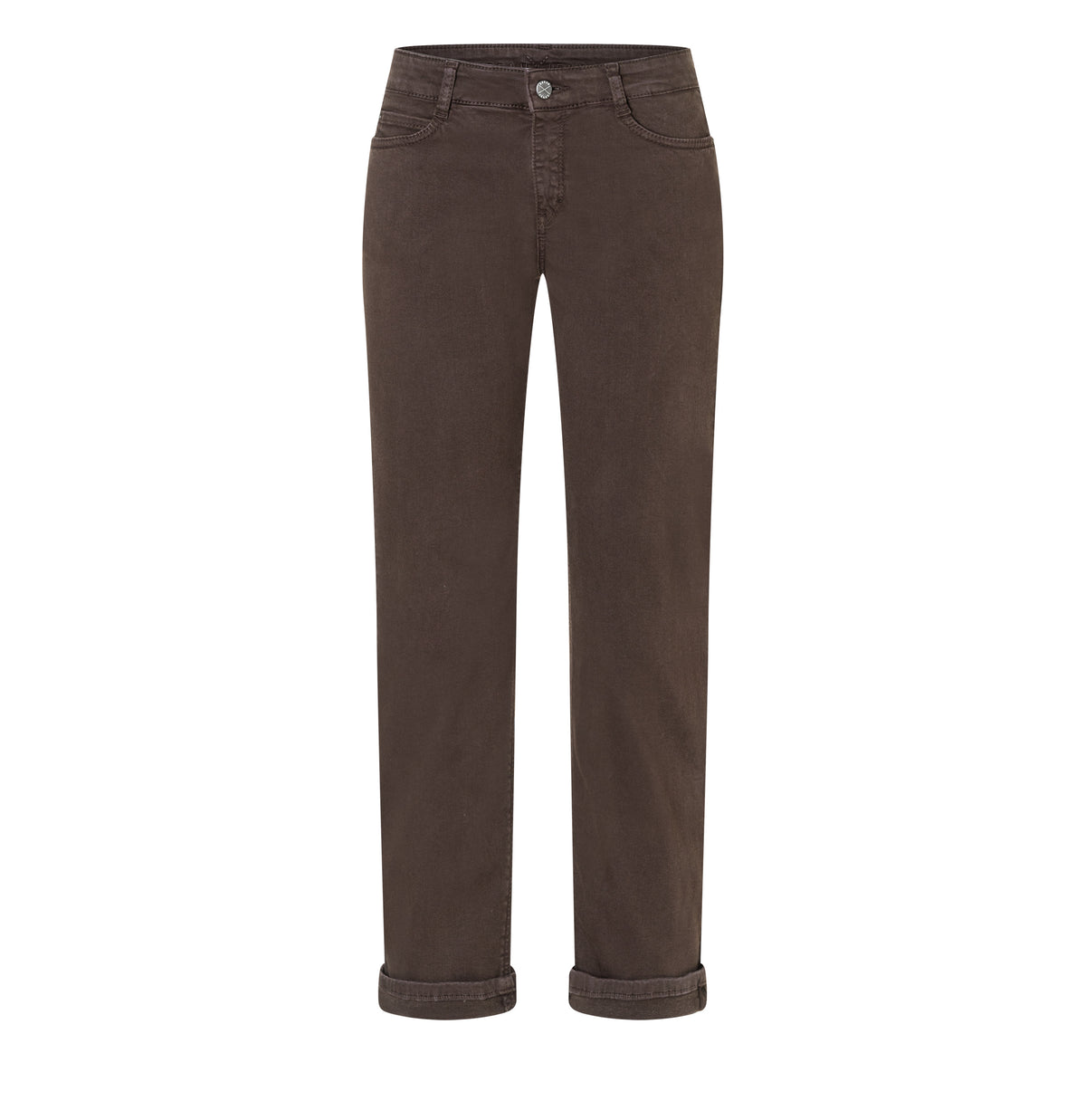 Straight hyper stretch jeans with turn-up. | DREAM cropped | deep brown PPT | Front view of bust