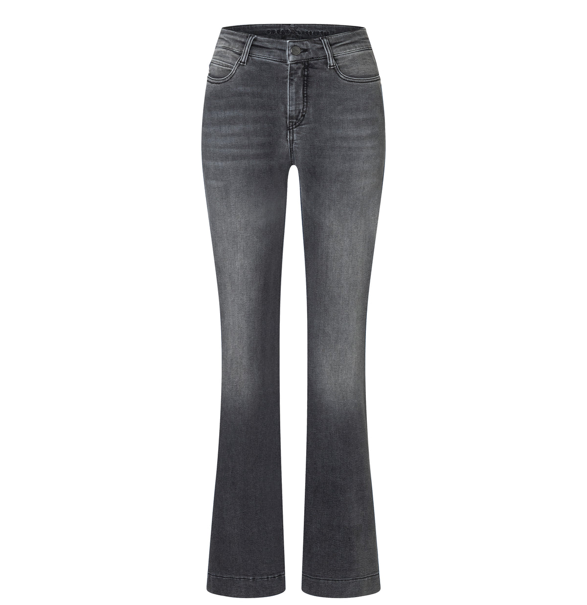 Flared jeans in a hyper stretch material. | DREAM BOOT authentic | soft grey authentic used | Front view of bust