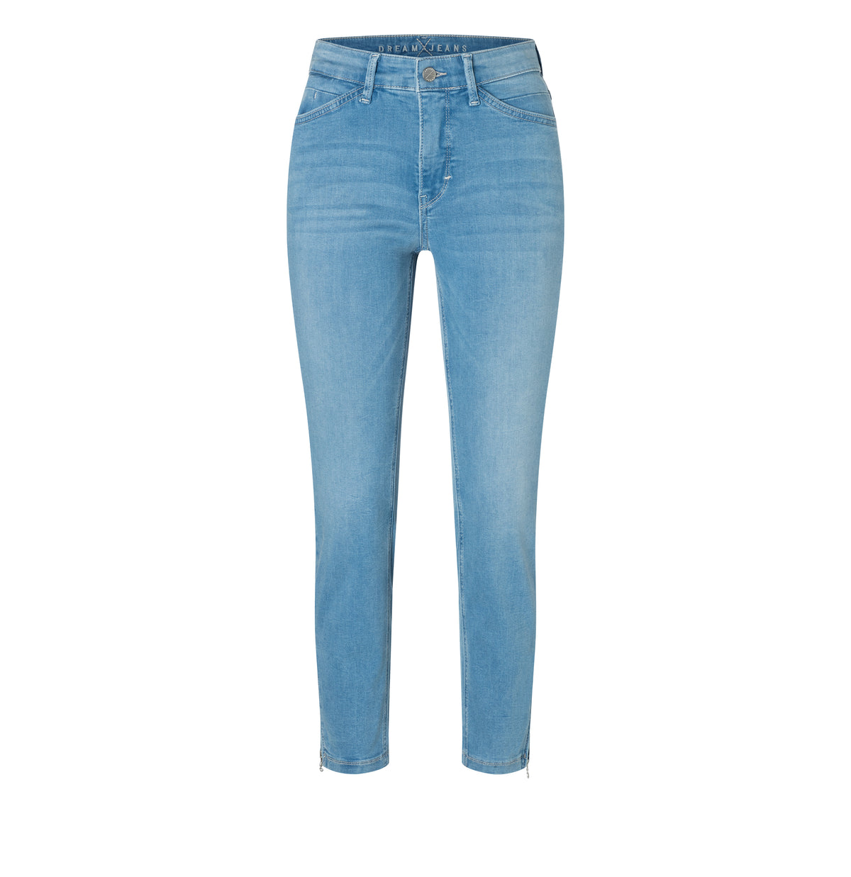 Cropped slim jeans with figure-shaping effect. | DREAM CHIC | classy grey blue wash | Front view of bust