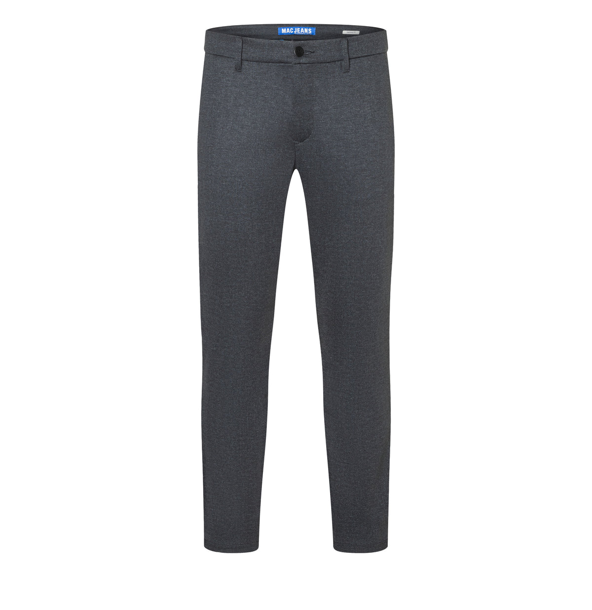 Finely patterned tapered chino made of jersey. | Griffin | grey stone printed | Front view of bust