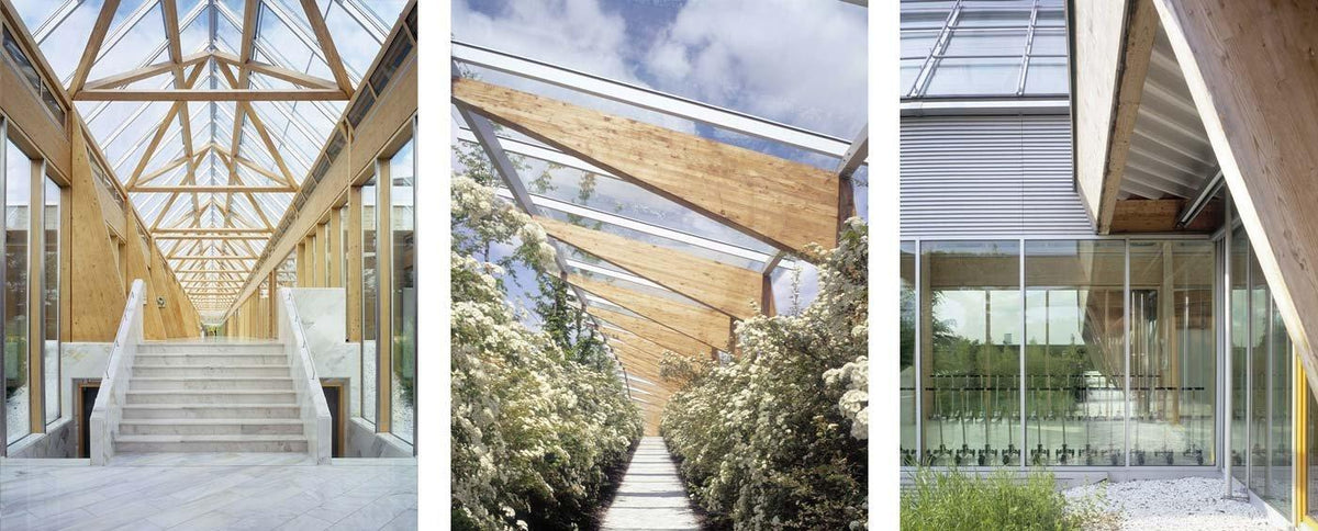 Sustainable MAC campus architecture with wooden structures and green surroundings.